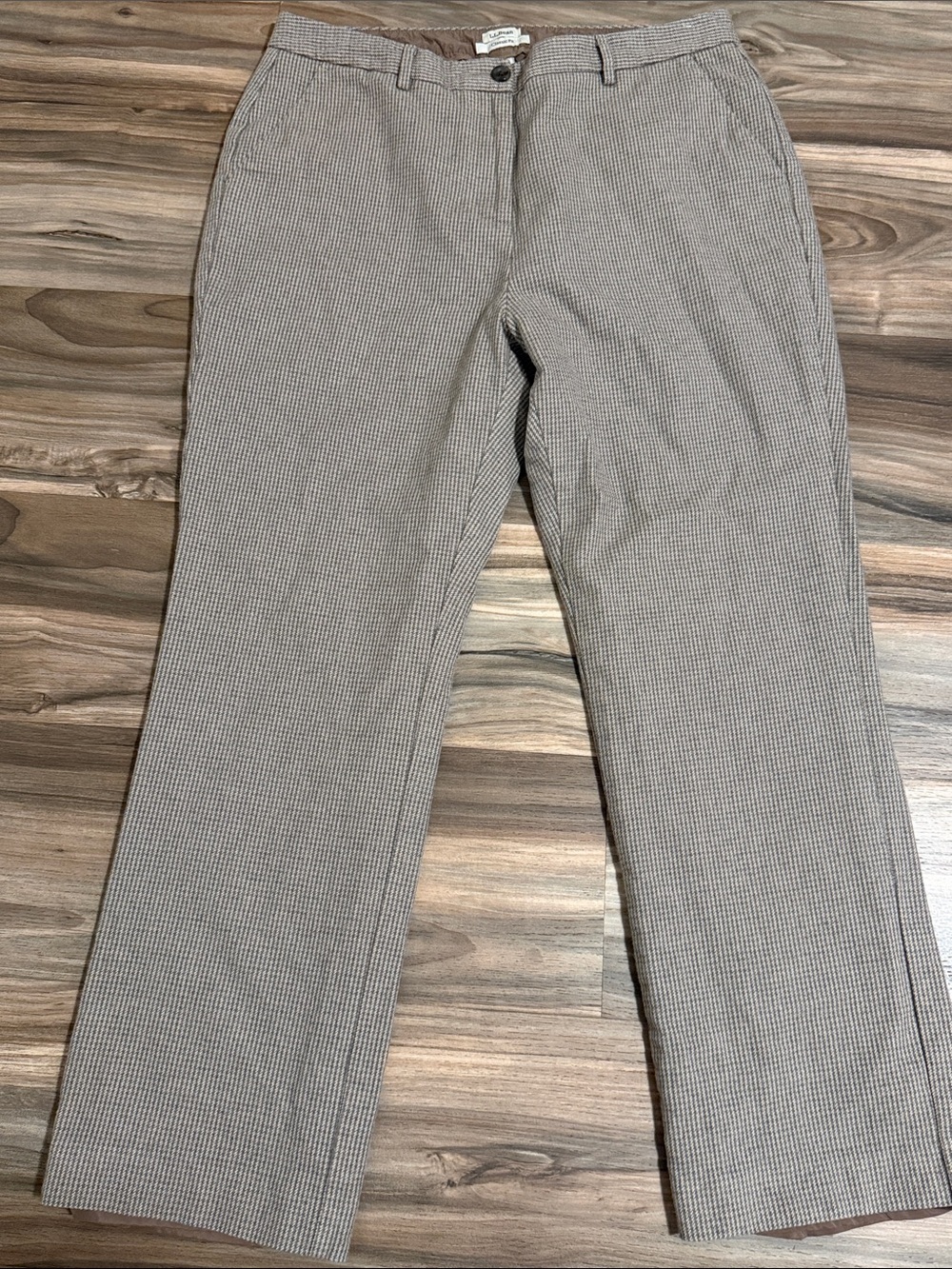 LL Bean Pants Women’s 14 Tan Houndstooth Straight Leg Lined Trouser Classic Fit